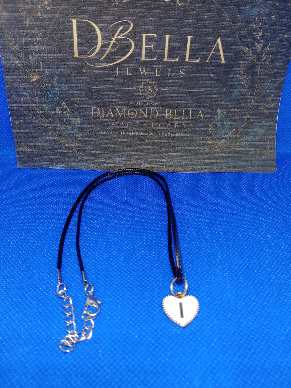 Black Cord Necklace with Silver Heart Initial I Pendant